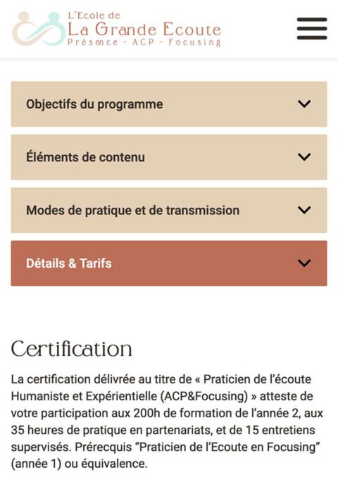 École de la grande écoute : page mobile